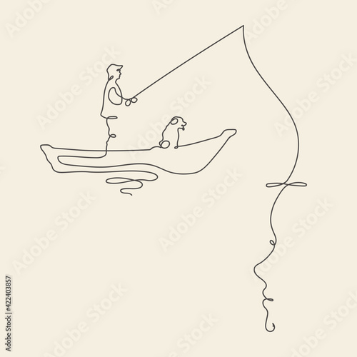 Fisherman in boat outline. Continuous line. Linear female portrait
