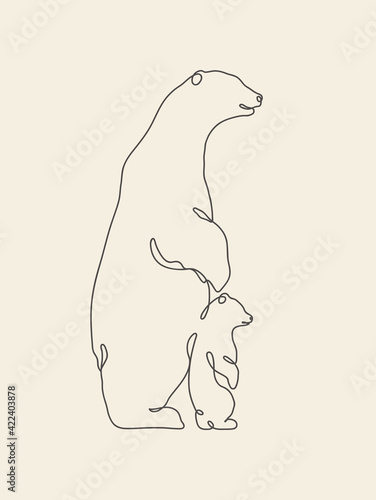 Bear family outline. Continuous single line. Linear animal contour