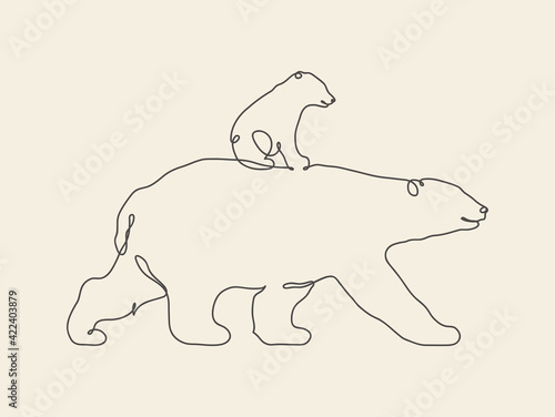 Bear family outline. Continuous single line. Linear animal contour