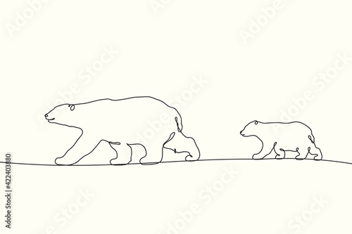 Walking bears. Linear animal family contour. Continuous single line