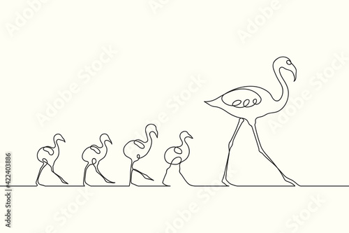 Flamingo family outline. Walking birds contour. Continuous single line