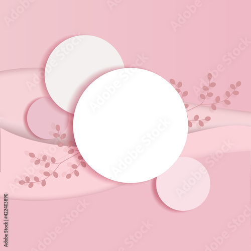 Minimalistic scene with geometric shapes. Cylindrical podiums in a soft pink background with paper leaves. Top view. Podium stand to show cosmetic product.  3d vector illustration, mock up, copy space