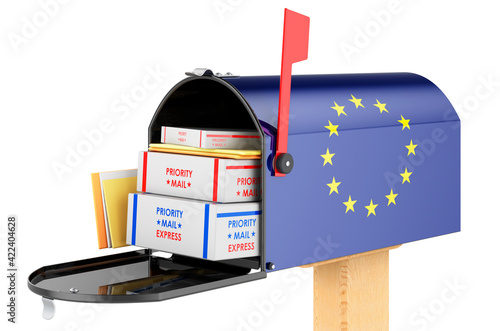 Mailbox with the European Union flag with parcels, envelopes inside. Delivery in the EU, concept. 3D rendering