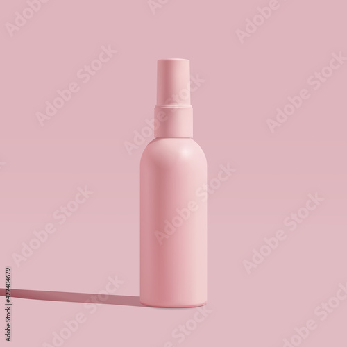 Cosmetic pink bottle mockup: tube, spray bottle. Womens cosmetic accessory for makeup, toning, fluid, lotion, sanitizer. 3d illustration.