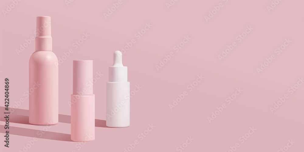 Cosmetic pink bottle. Womens cosmetic accessory for makeup, toning, fluid, lotion, serum. Packaging design, mock up, 3d illustration.