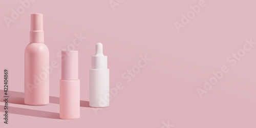 Cosmetic pink bottle. Womens cosmetic accessory for makeup, toning, fluid, lotion, serum. Packaging design, mock up, 3d illustration.