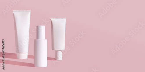 Cosmetic white bottles mockup: tube, cream, spray bottle. Womens cosmetic accessory for skin care, cleansing, makeup, toning. Fluid, lotion, toner, serum, cream,sanitizer.