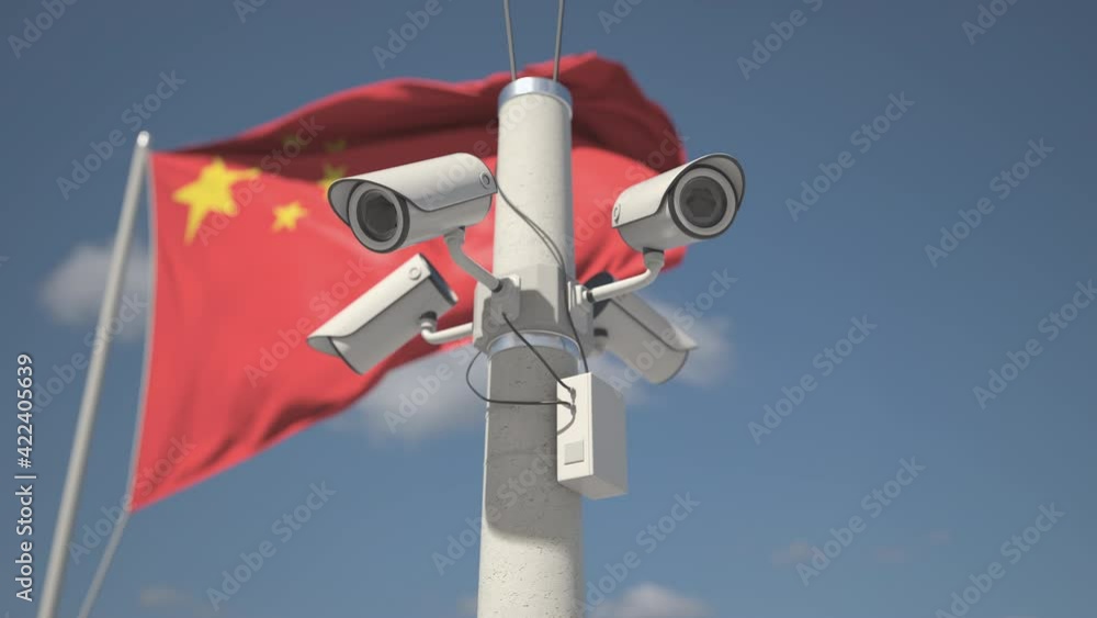 Flag of China and four security cameras on the pole, looping 3d animation Flag of China and four security cameras on the pole, looping 3d animation