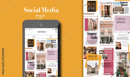 Social Media Puzzle Template Pack for creature your unique content. Modern ultra endless design banner, screen. Kit app editorial service. Mockup for personal blog. Endless square puzzle for promotion