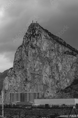 gibraltar rock, black and white photo, cloudy sky