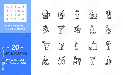 Line icons about alcoholic beverages. Pixel perfect 64x64 and editable stroke