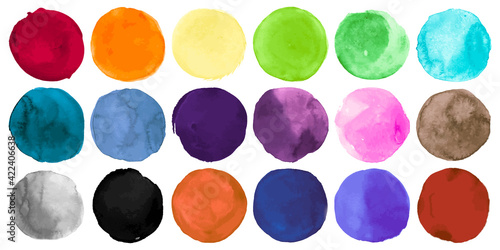 Watercolor Circle Vector. Graphic Blots Background. Colorful Shapes Drawing. Grunge Watercolor Circle Vector. Abstract Hand Paint Rounds on Paper. Dots Splatter. Watercolor Circle Vector.