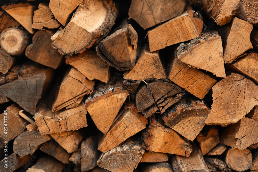 Close-up texture of dry fireplace logs. Wood background. Macro shooting of wood structure. The surface of the chopped campfire logs. Texture of firewood stacked in woodpile. Close-up texture of dry fireplace logs. Wood background. Macro shooting of wood structure. The surface of the chopped campfire logs. Texture of firewood stacked in woodpile.