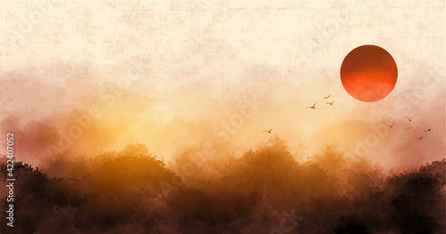 Sunrise landscape with misty forest mountains and sunrise sky. Traditional oriental ink painting sumi-e, u-sin, go-hua.