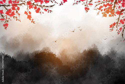 Landscape with sakura flowers, misty forest mountains and flock of swallow birds in the sky. Traditional oriental ink painting sumi-e, u-sin, go-hua.