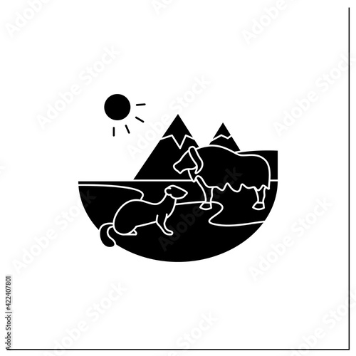 Tundra glyph icon. Cold and treeless plain. Hard for plants and animals alike to survive. Mountain landscape. Wild animals.Filled flat sign. Isolated silhouette vector illustration