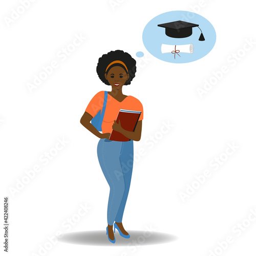 An African student is thinking about going to university. A student dreams of graduation. The concept of graduation from school and the beginning of adulthood. Vector illustration.