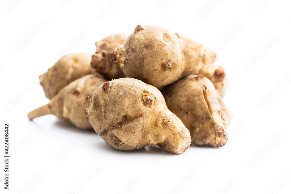 Raw jerusalem artichoke. Topinambur vegetable root. Raw jerusalem artichoke. Topinambur vegetable root.