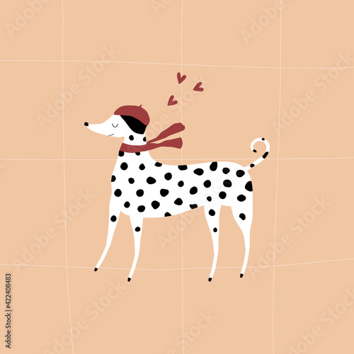 Cute dalmatian in red beret and red scarf with hearts. Funny dog vector illustration.