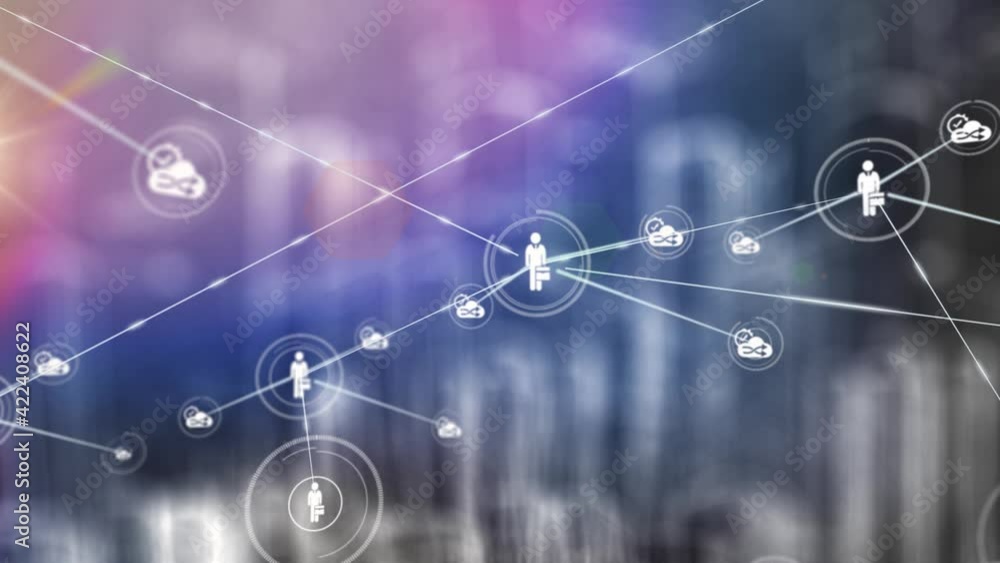 Digital animation of network of connections icons against purple background Digital animation of network of connections icons against purple background