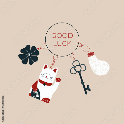 Good luck wish phrase with protection, luck and fortune charms or talismans as keychains. Fortune wish card. Fortune and success charms, lucky amulets. Clover, Maneki Neko, rabbit foot, key, acorn
