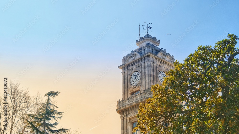 04.03.2021. istanbul Turkey. Clock tower in dolmabahce palace with tree and sky background. Clock tower made by ottoman empire.