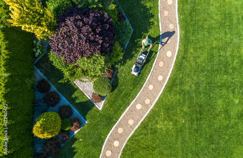 Backyard Garden Grass Mowing Aerial View
