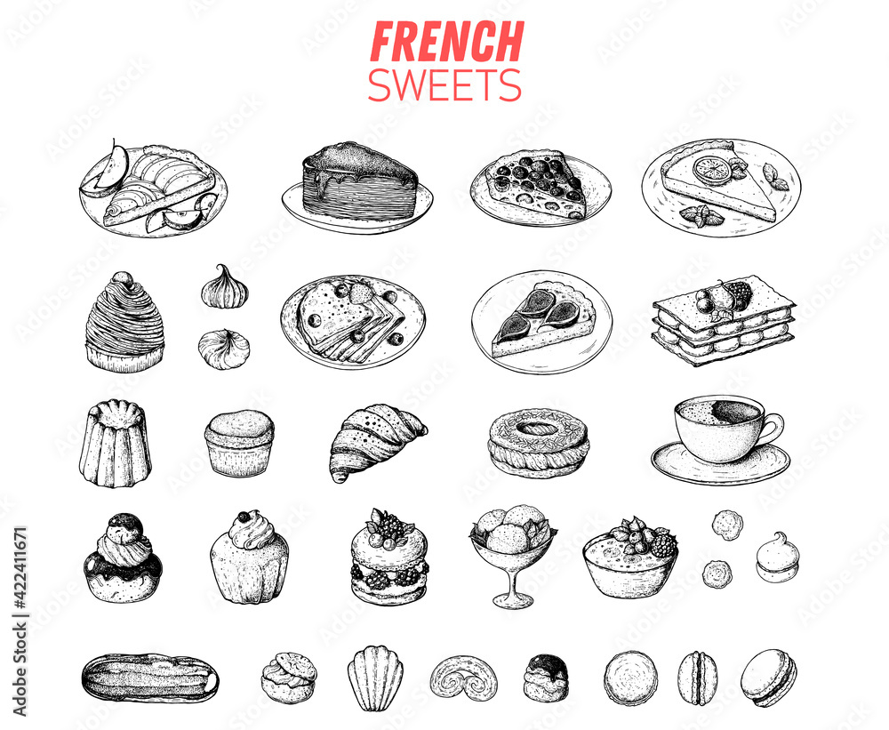 French desserts set with rum baba, palmier, chocolate religieuse