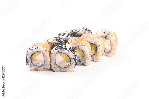 Stylish appetising california sushi roll with salmon isolated on white