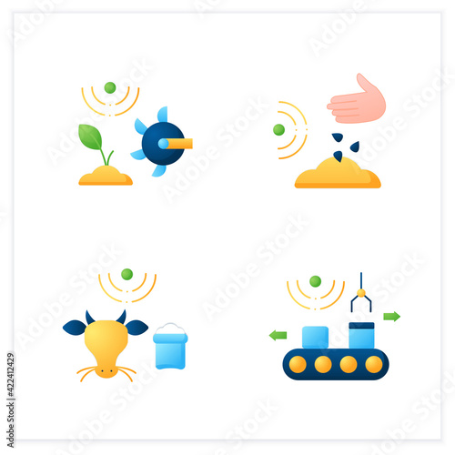 Smart farm flat icons set. Consist of feeding livestock, products packing, planting seeds.Agricultural innovation concepts.3d vector illustrations