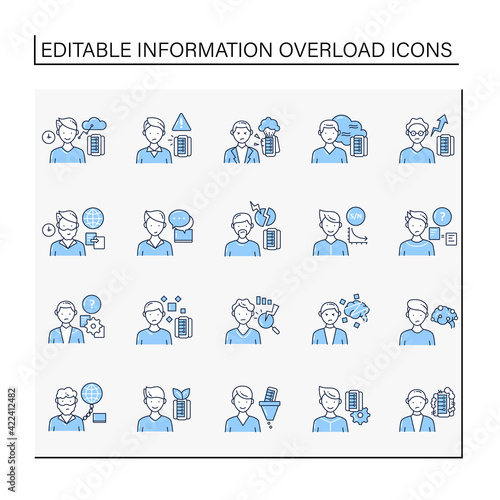 Information overload line icons set. Consists of information age, data smog, info pollution and ecology, internet aition etc.Isolated vector illustrations. Editable stroke