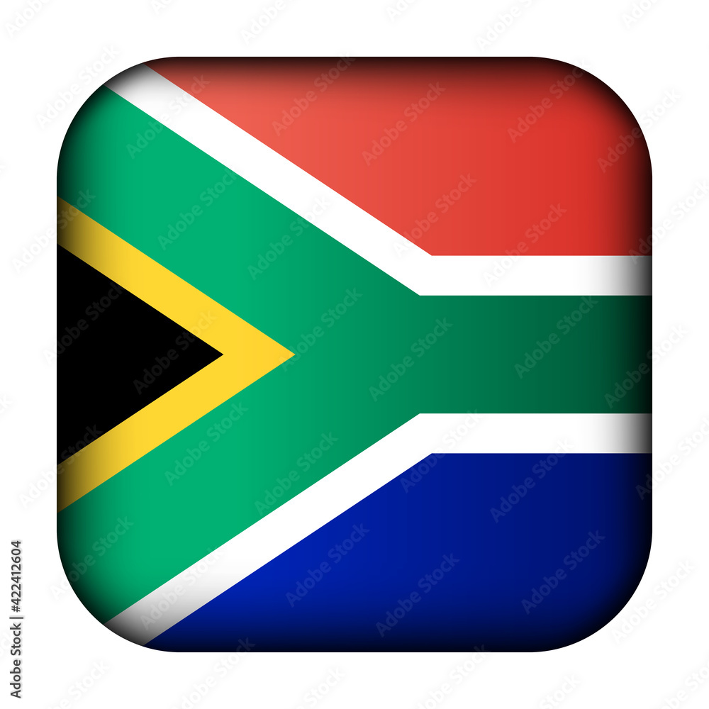 Obraz premium Glass light ball with flag of Republic of South Africa. Squared template icon. National symbol. Glossy realistic cube, 3D abstract vector illustration highlighted. Big quadrate, foursquare