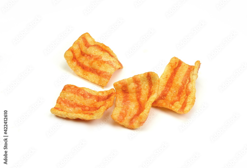 Bacon Chips. Delicious bacon snacks isolated on white background. Pelleted salted snack bacon. Smoked bacon flavored chips. Bacon Chips. Delicious bacon snacks isolated on white background. Pelleted salted snack bacon. Smoked bacon flavored chips.