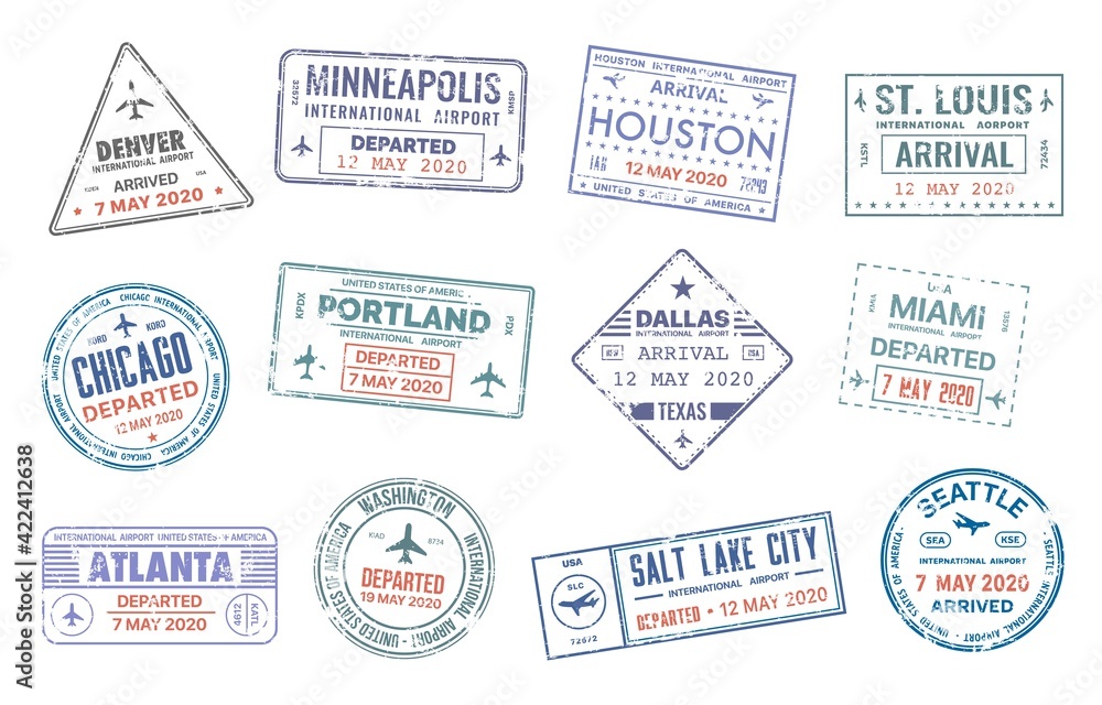 Passport travel vector stamps with USA city names Denver, Minneapolis, Houston, St. Louise and Chicago, Portland or Dallas, Miami or Atlanta and Washington country migration arrival entry isolated set