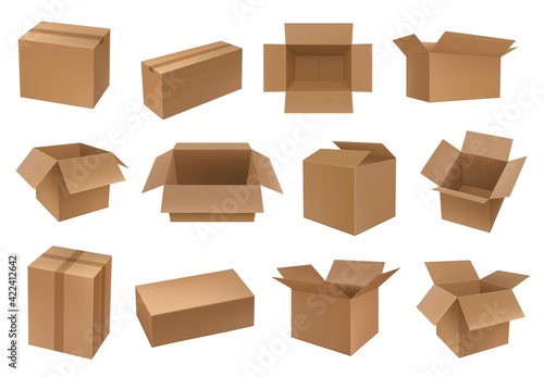 Cardboard box mockups, cargo and parcel packages, vector containers. Carton closed and open packaging for goods, isolated empty drawers, distribution packs. Cartoon shipping boxes for freight set © Buch&Bee