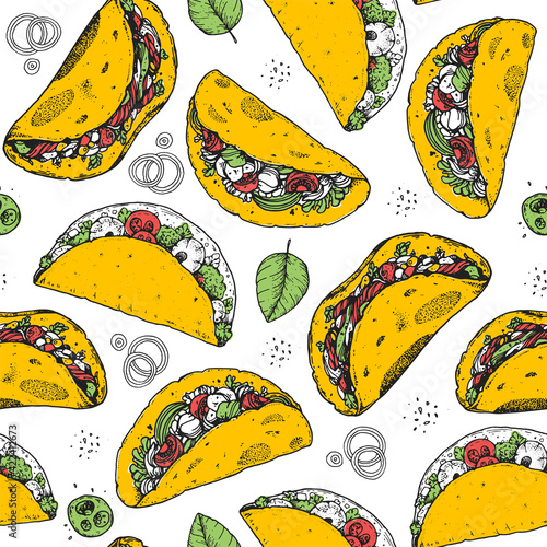 Tacos seamless pattern, hand drawn illustration. Mexican cuisine. Fast food menu design. Tacos hand drawn. Mexican food.