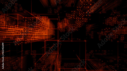 Futuristic, Orange Digital Grid background. Network Tech Wallpaper. 3D Render 