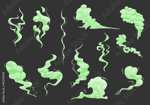 Cartoon bad green smell clouds, smoke and toxic steam set. Vector stench or stink, fume trails, disgusting stinky breathing, fart, spoiled rotten food odor. Garbage vapor isolated on black background