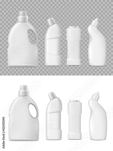 Detergent and cleanser bottles packaging 3d vector mockup. Realistic blank plastic packages  white household chemicals tubes with liquid soap  stain remover  laundry bleach or cleaner isolated set