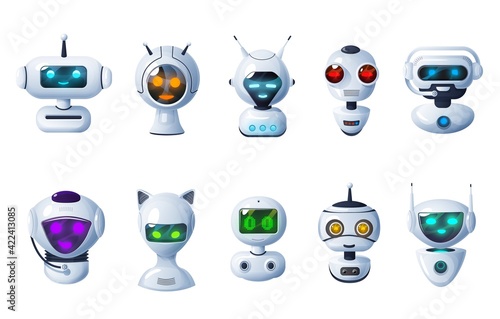 Chat bot icons, cartoon robots, vector cyborg heads with digital glow face, microphones and antennas. Artificial intelligence technology. Friendly cute electronic ai chatbot assistant characters set