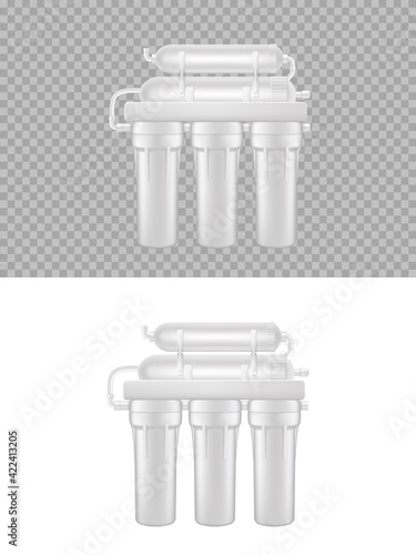 Realistic water filter, reverse osmosis natural fresh aqua purification system 3d vector mockup. Isolated undersink house water filter, purity, mineral filtration, granular activated carbon blocks