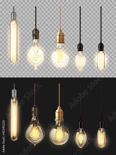 Glowing lamps, vector filament bulbs. Retro edison, incandescent vintage 3d lightbulbs of different shapes and forms with heated wire hanging from above, realistic set isolated on black background