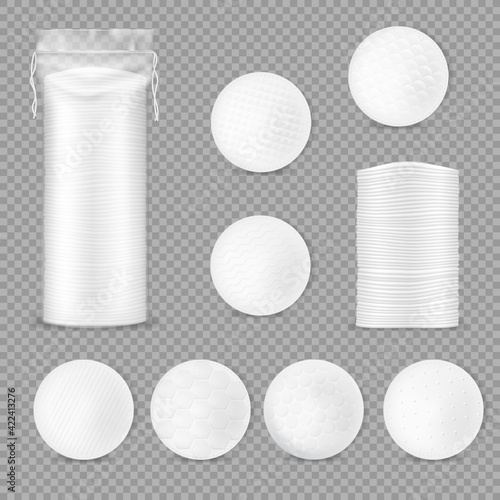 Cotton pads packaging, healthcare 3d vector mockup. Makeup soft discs in plastic package with strings, face hygiene and nursing. White round cotton pads with textural surface, toiletries realistic set