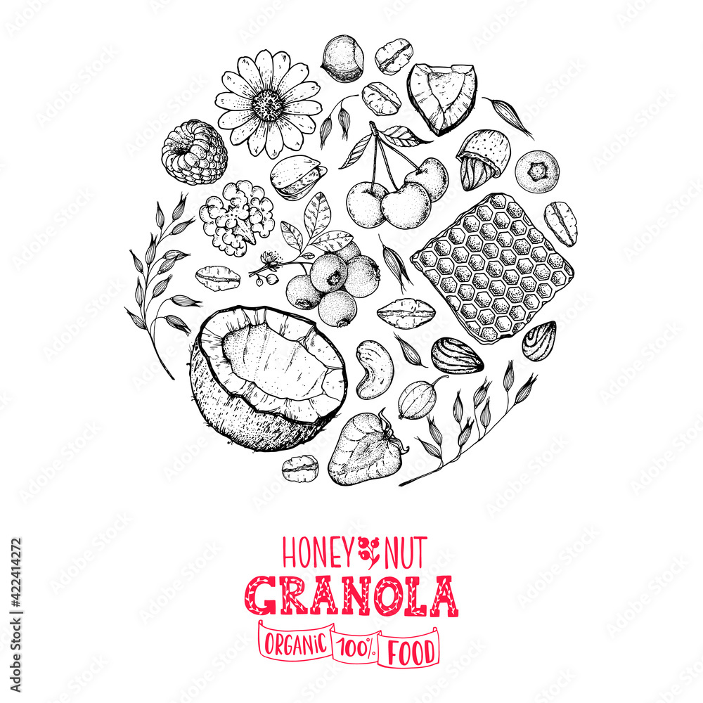 Granola sketch illustration. Breakfast label. Oat flakes , berries, fruits and nuts. Breakfast top view frame. Morning food menu design. Hand drawn sketch vector illustration. Granola sketch illustration. Breakfast label. Oat flakes , berries, fruits and nuts. Breakfast top view frame. Morning food menu design. Hand drawn sketch vector illustration.