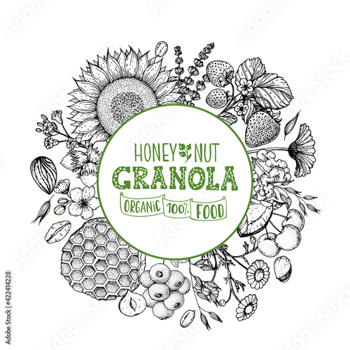 Granola sketch illustration. Breakfast label. Oat flakes , berries, fruits and nuts. Breakfast top view frame. Morning food menu design. Hand drawn sketch vector illustration.