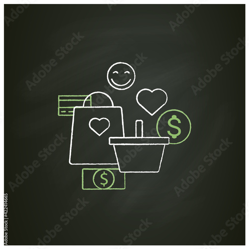 Shopaholism chalk icon. Thoughtless spending money. Buying unnecessary things. Positive emotions.Mindful spending concept. Isolated vector illustration on chalkboard