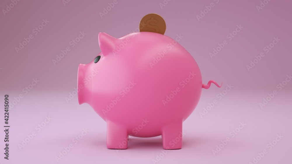 Piggy Bank with dollar coin Isolated on Pink Background