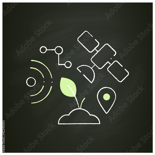 GPS geofencing chalk icon. Creating virtual farm fields map devices. Using satellites for observation of plants. Smart farming concept.Isolated vector illustration on chalkboard