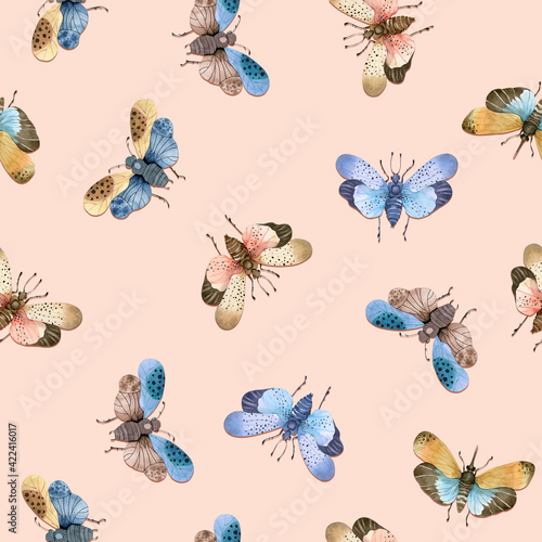 seamless pattern with watercolor illustrations of butterfly on pink background, hand painted   © Lana