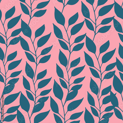 Blue silhouettes of leaves on pink background. Seamless pattern. Vector botanical illustration. Good print for wrapping paper, packaging design, wallpaper, ceramic tiles, and textile